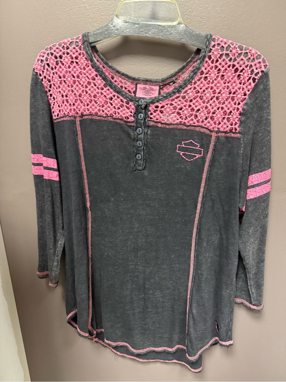 Harley-Davidson Black and Pink Crochet Yoke Henley Top